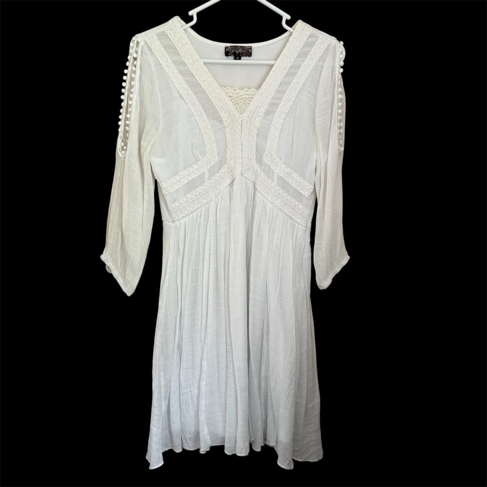 White‎ Lace Boho Mini Dress M Open Slit Pom Pom 3/4 Slv V-Neck Fairy Cottagecore